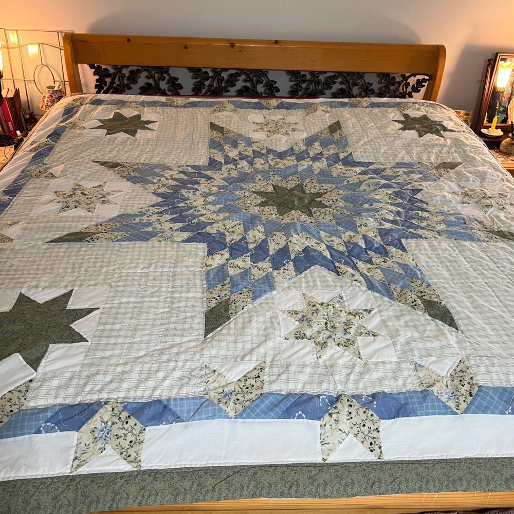 Lone Star Patchwork Quilt Blue Green Floral Farmhouse queen, size